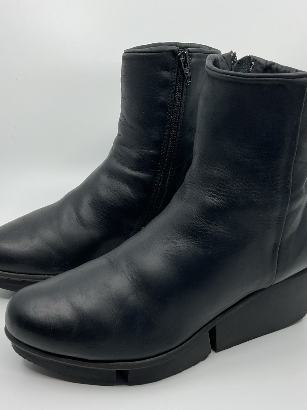 Trippen Black Leather Side-Zip Platform Ankle Boots